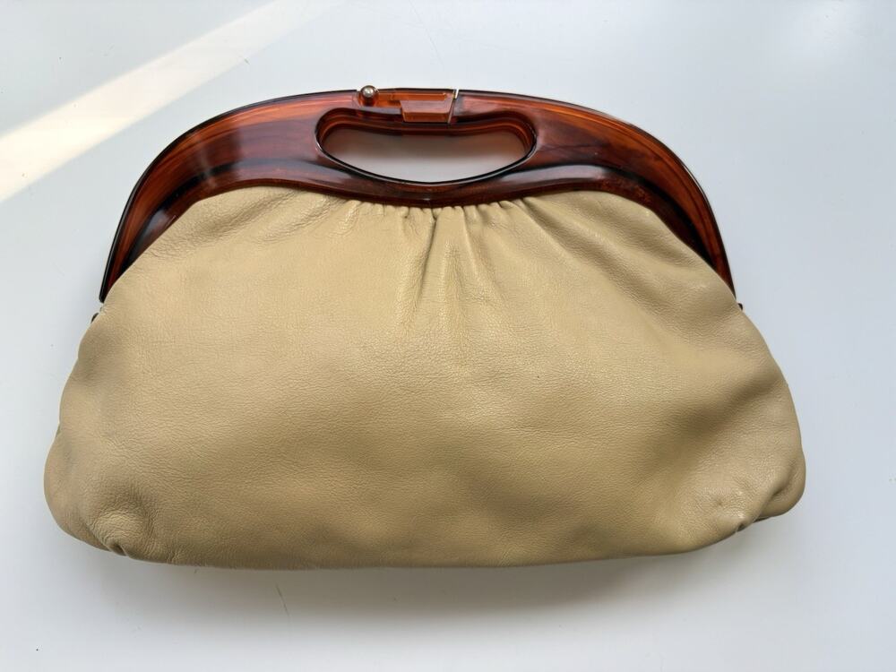 VTG Leather Clutch Purse Lucite Handle Harry Levine 70's Tortoise Shell Mob Wife
